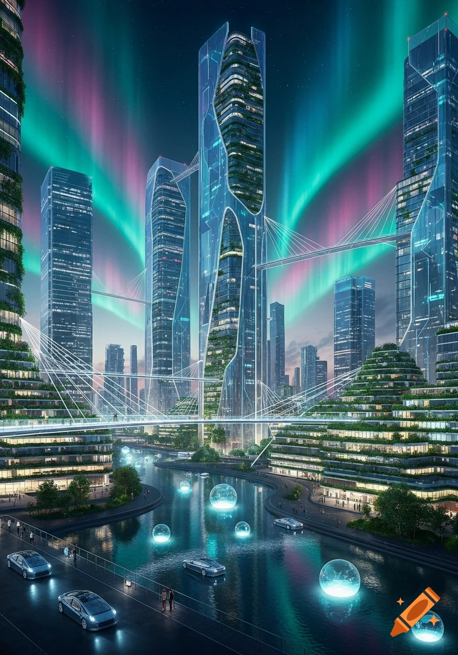 A futuristic city at night with towering, green-covered skyscrapers and glowing orbs in a river, under a vibrant aurora sky.