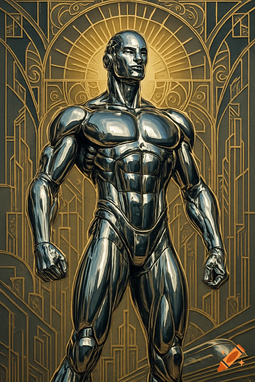 Muscular silver robot in Art Deco style, posed against a golden geometric background, resembling a magazine cover.