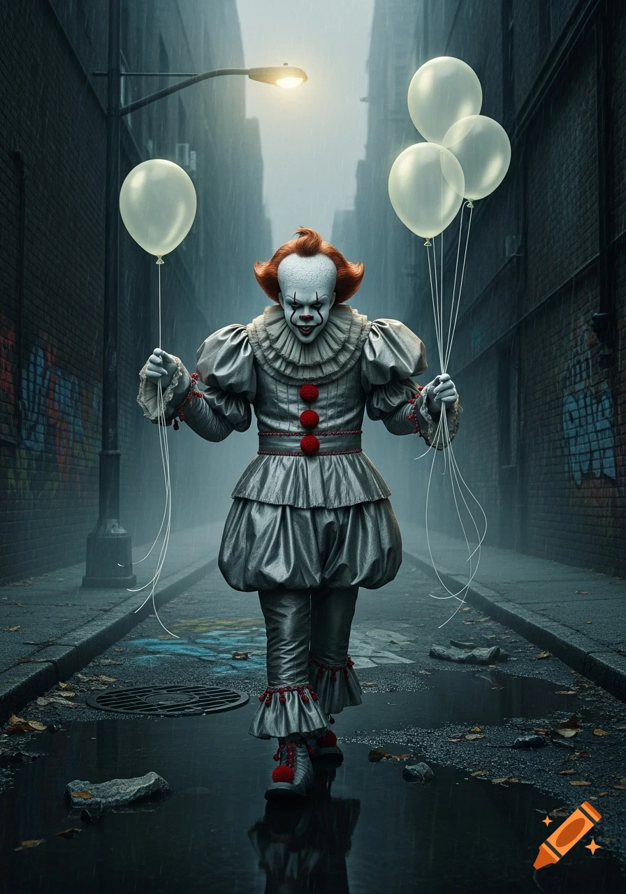 A creepy clown resembling Pennywise stands in a dark, rainy alley holding white balloons, with puddles reflecting the light.