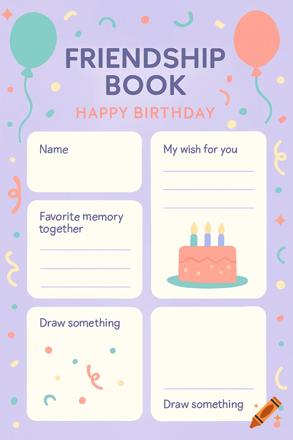 A pastel-colored birthday friendship book template with sections for name, wishes, memories, and drawings, decorated with balloons and confetti.