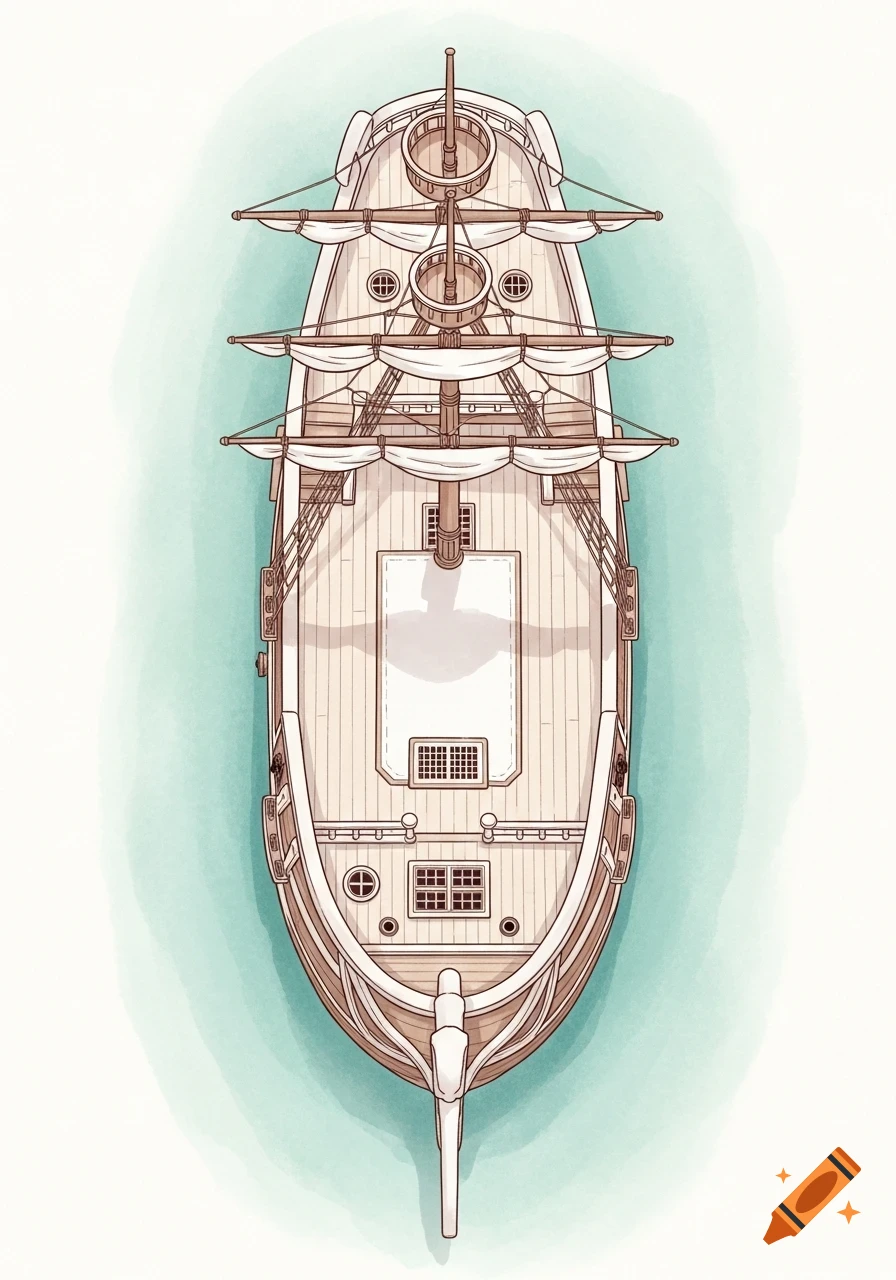 Bird's-eye view of a wooden pirate ship with sails, in a Ghibli-inspired watercolor illustration style.