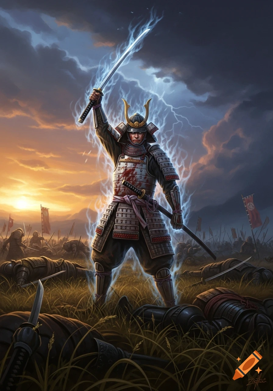 An armored samurai with a lightning sword stands victorious over fallen warriors on a sunset battlefield, in an oil painting style.