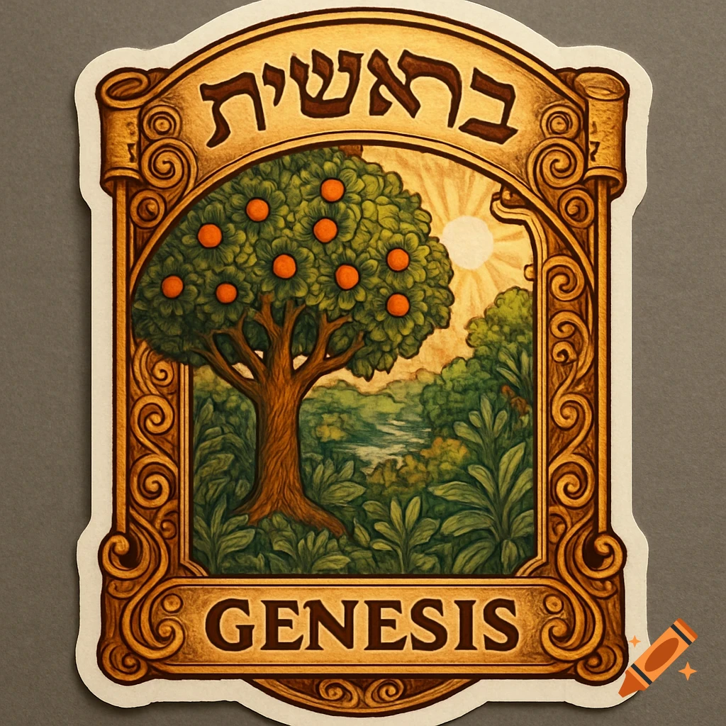 A richly detailed sticker with ornate frame, illustrating a tree with oranges under a rising sun, with Hebrew and English text for 'Genesis'.