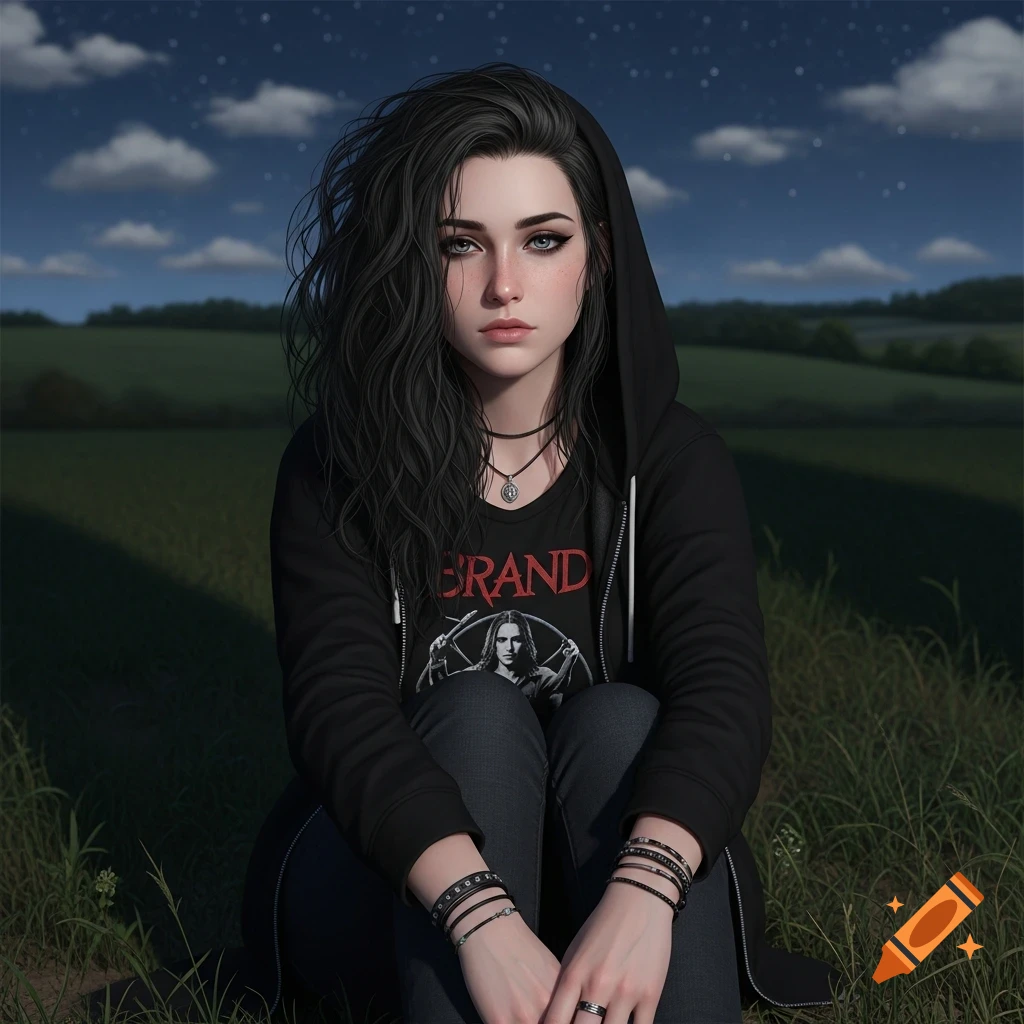 Young woman with long dark hair, black hoodie, and band t-shirt, sitting in a grassy field at night. Digital art.
