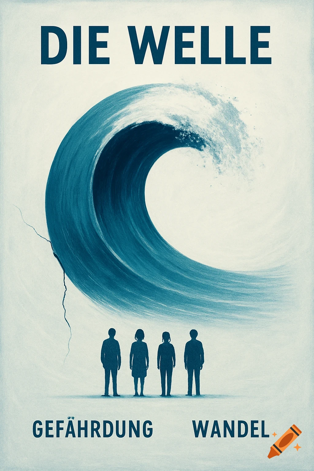 A stylized poster with a large blue wave curving over four dark human silhouettes. Text reads 'DIE WELLE' and 'GEFÄHRDUNG WANDEL'.