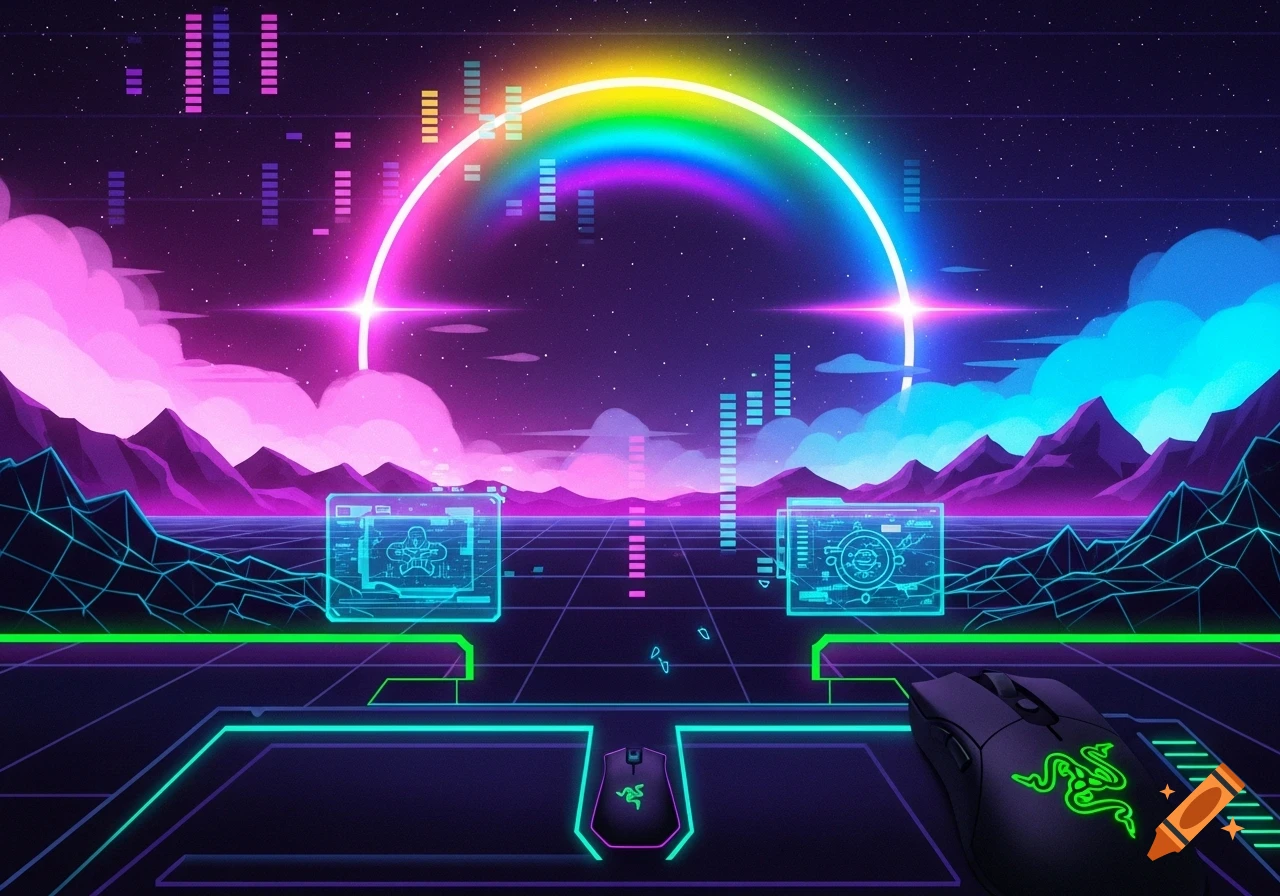 Vaporwave-style gaming scene with a neon rainbow arc, geometric mountains, a grid landscape, and a glowing Razer mouse.