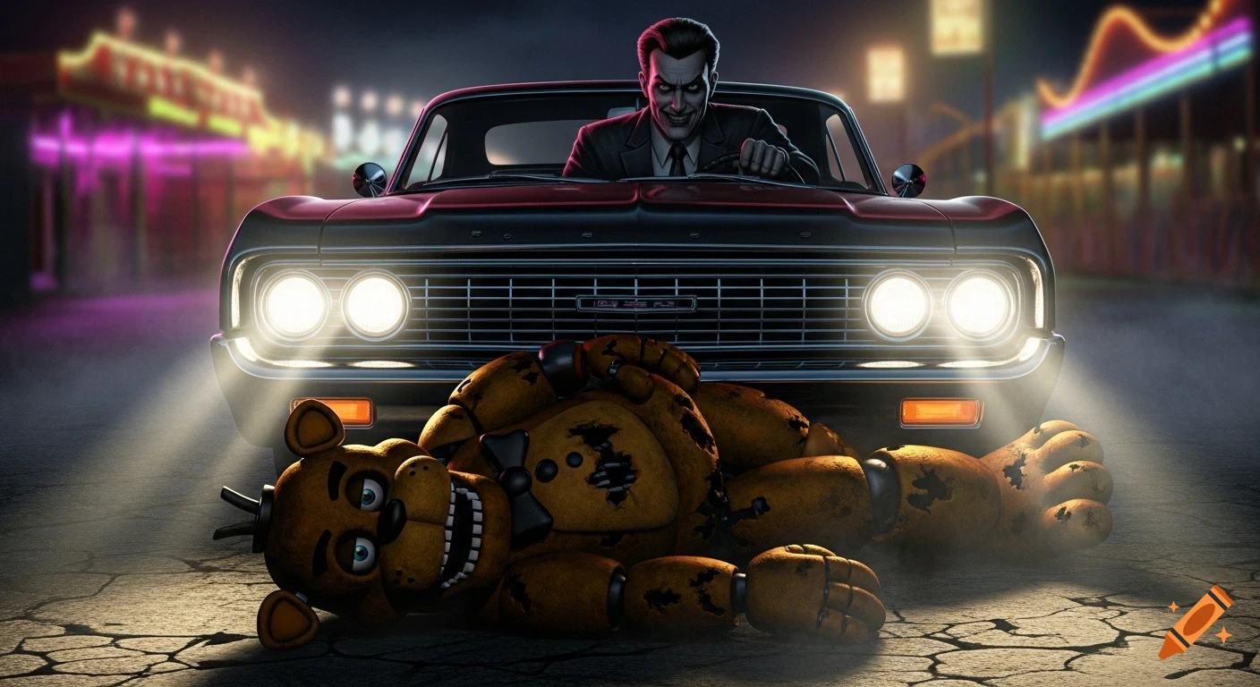 William Afton grins while driving a vintage car over a damaged Freddy Fazbear animatronic on a cracked street at night. Digital art.