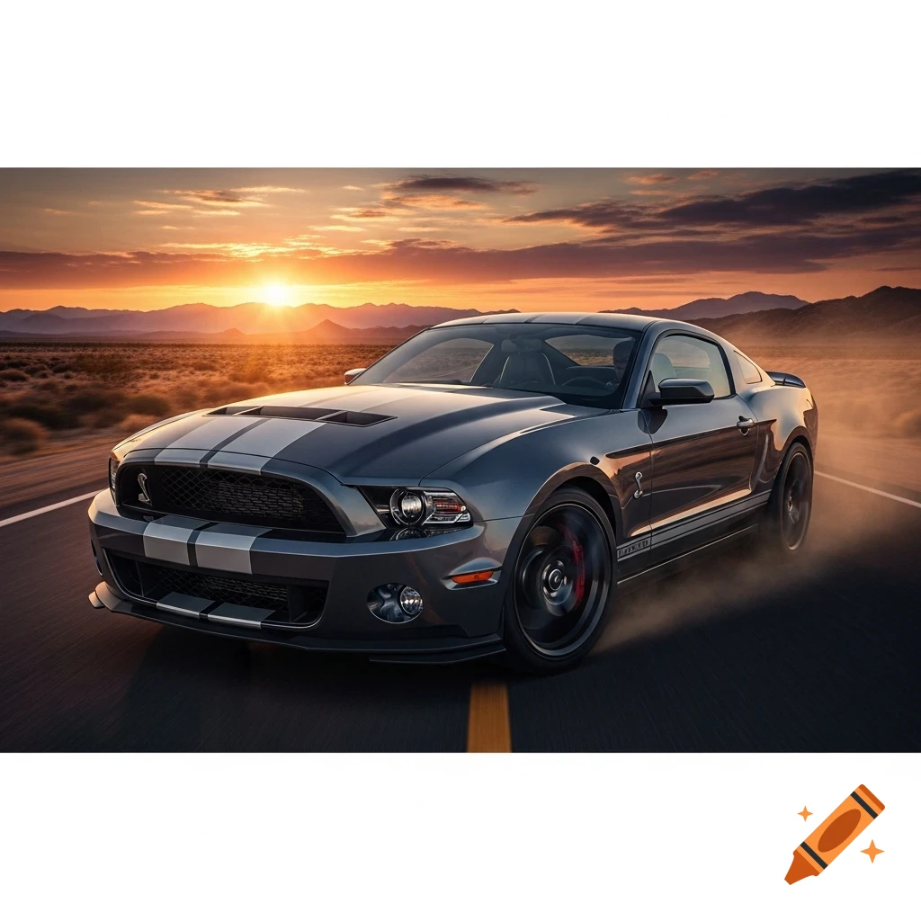 A gray Ford Mustang Shelby GT500 drives on a desert road as the sun sets over mountains.