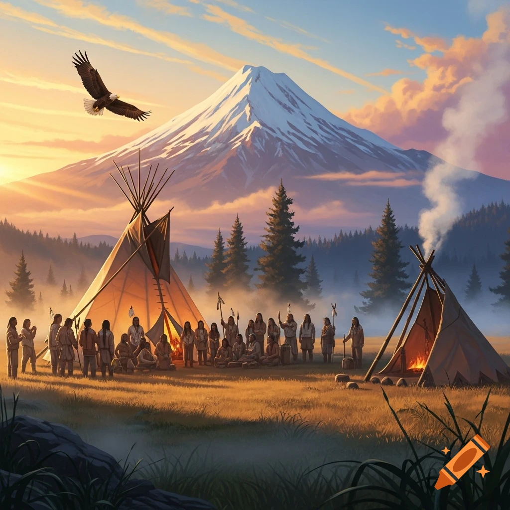 A gathering of Indigenous people around two tipis at sunrise, with a snow-capped mountain and an eagle soaring overhead.