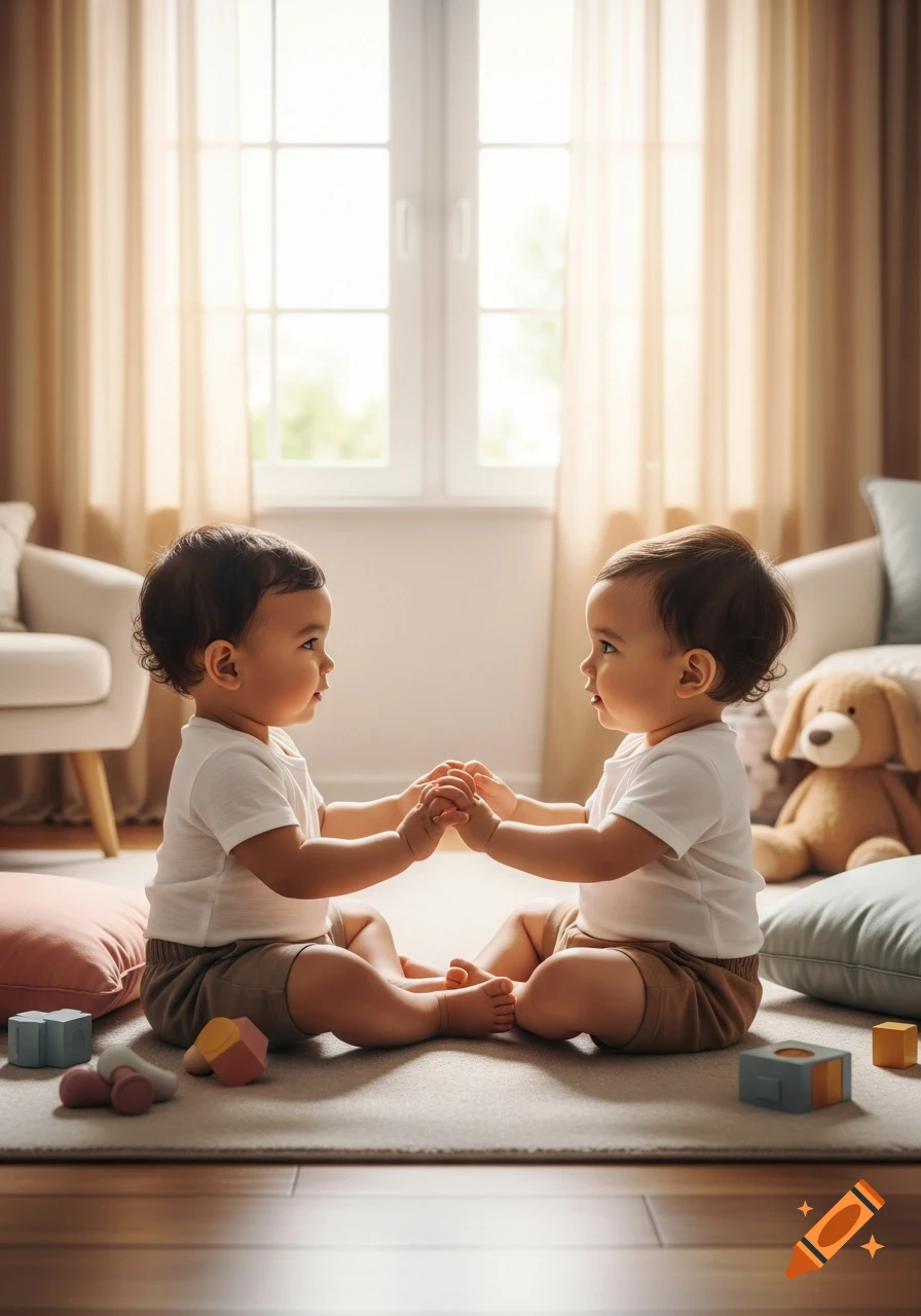 Two photorealistic babies sit on a rug in a bright room, holding hands and looking at each other, with toys scattered around.