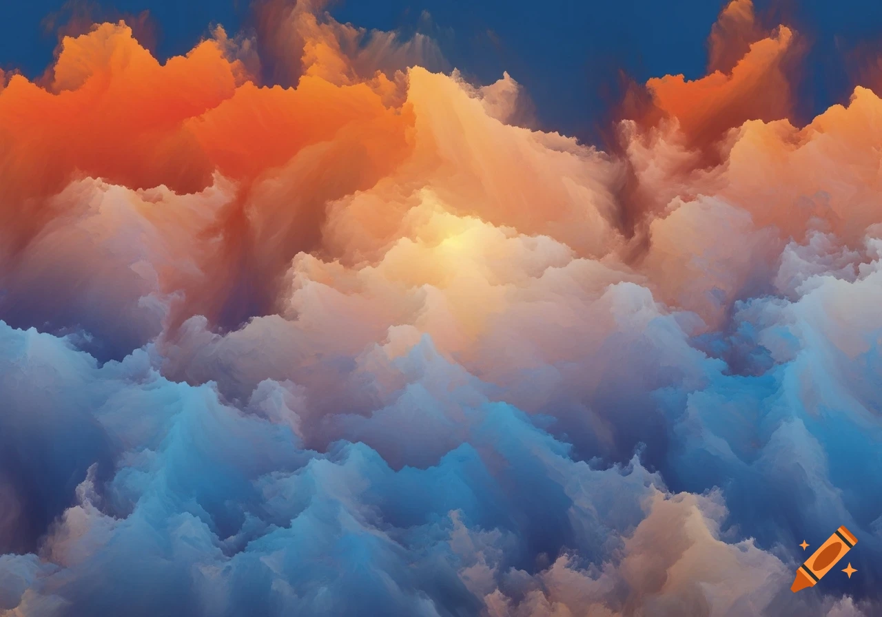 Vibrant abstract digital art of billowing clouds in orange, yellow, and blue, with a bright light.