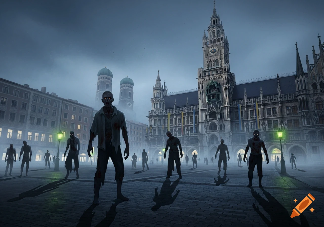 Zombies with glowing eyes on a misty city square in Munich, with the New Town Hall and Frauenkirche in the background.