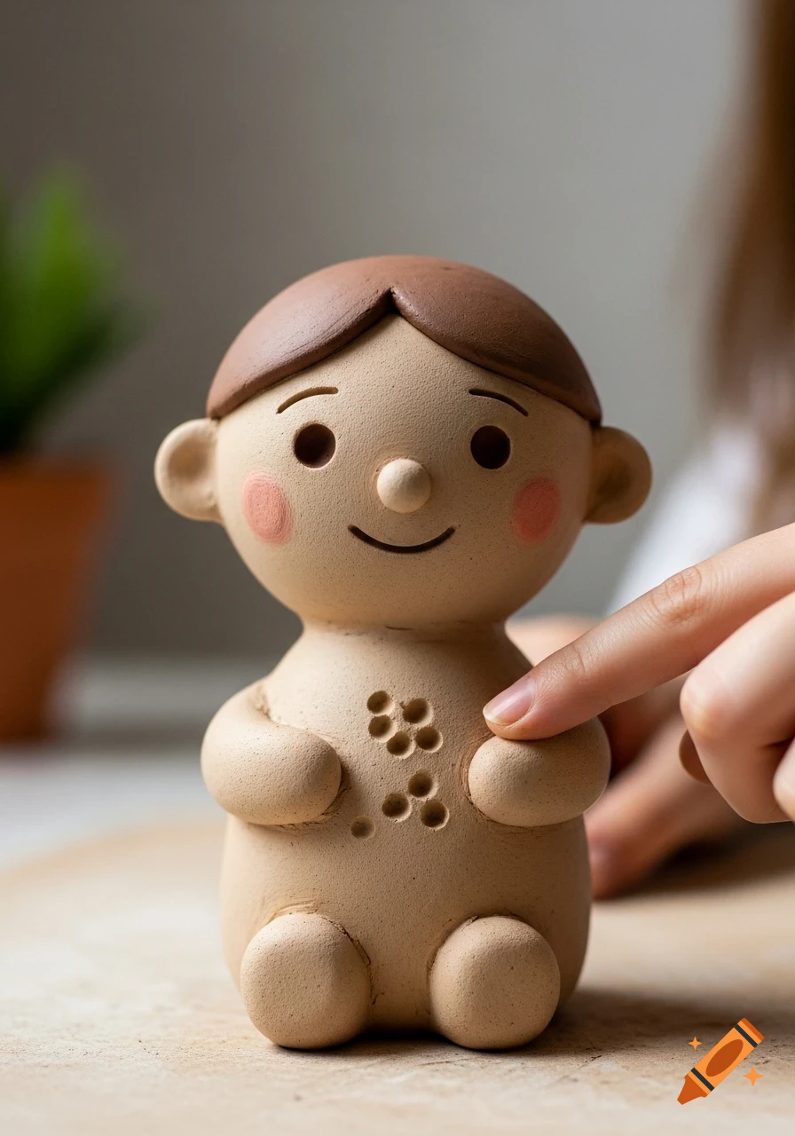 Close-up of a simple, smooth light brown clay figure with a brown hairstyle and pink cheeks, touched gently by a finger.