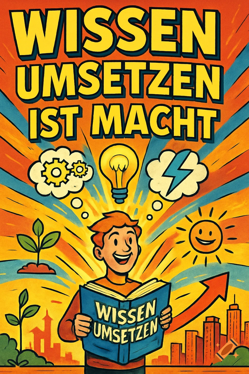 A cheerful cartoon character reads a book titled "Wissen Umsetzen" (Implementing Knowledge), surrounded by thought bubbles of gears, a lightbulb, and a lightning bolt. Large text above reads "Wissen Umsetzen ist Macht" (Implementing Knowledge is Power). The background shows plants, a city skyline, and an upward arrow, all in a vibrant retro comic style.
