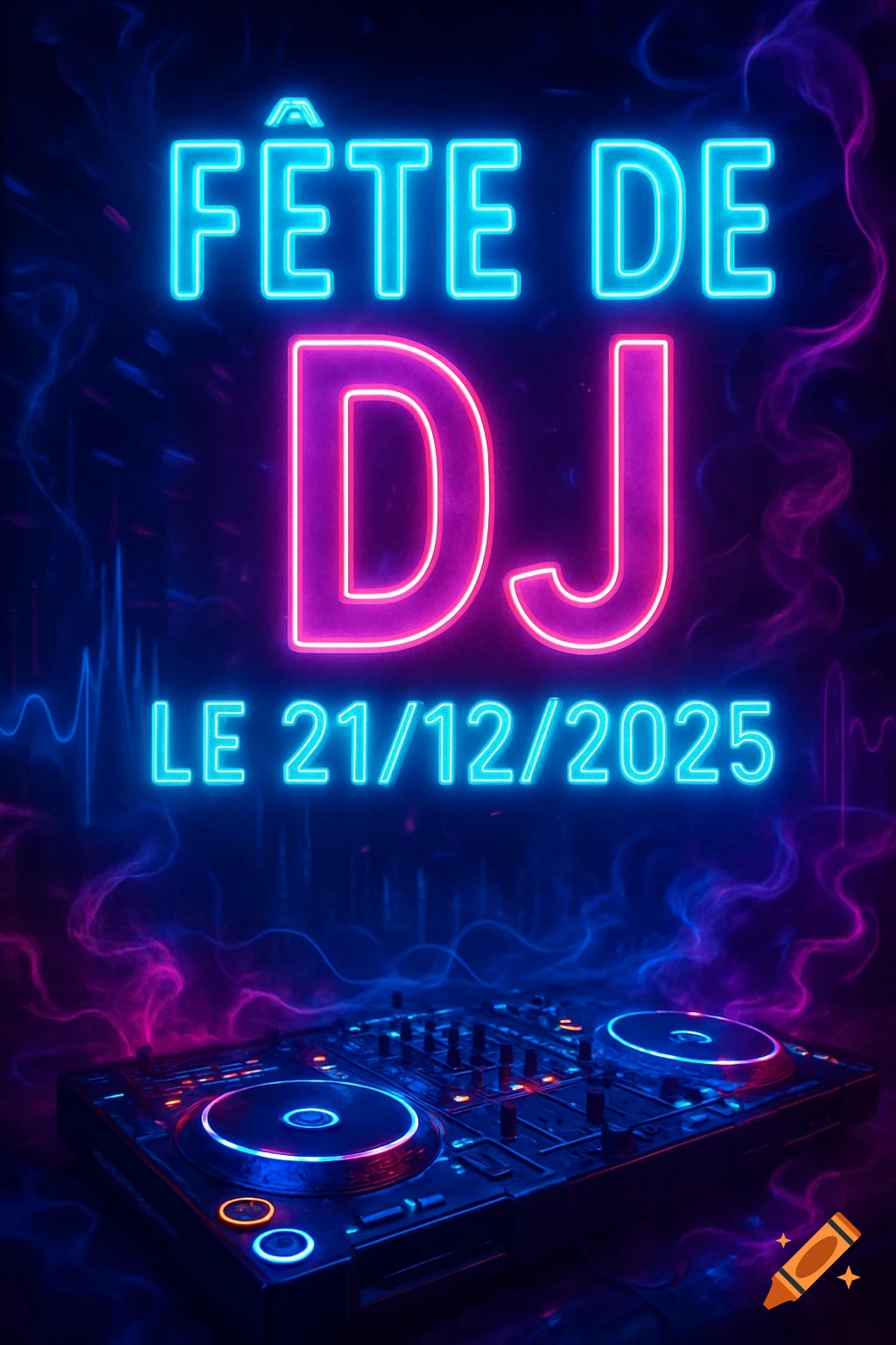 Neon poster for a DJ party with the text 'FÊTE DE DJ LE 21/12/2025' and a DJ mixer.