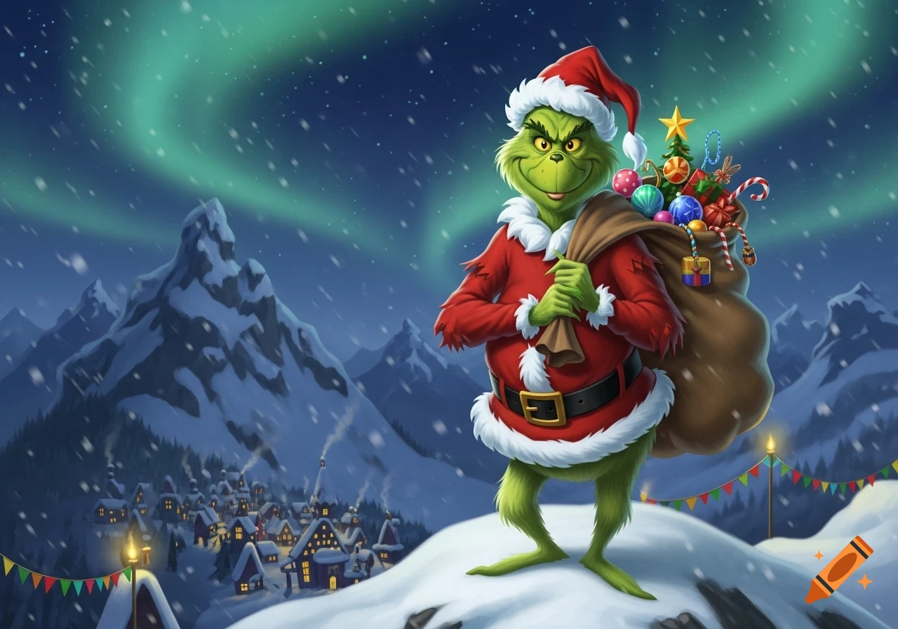 The Grinch dressed as Santa Claus carrying a sack of presents, standing on a snowy mountain overlooking a village under the Northern Lights, digital art.