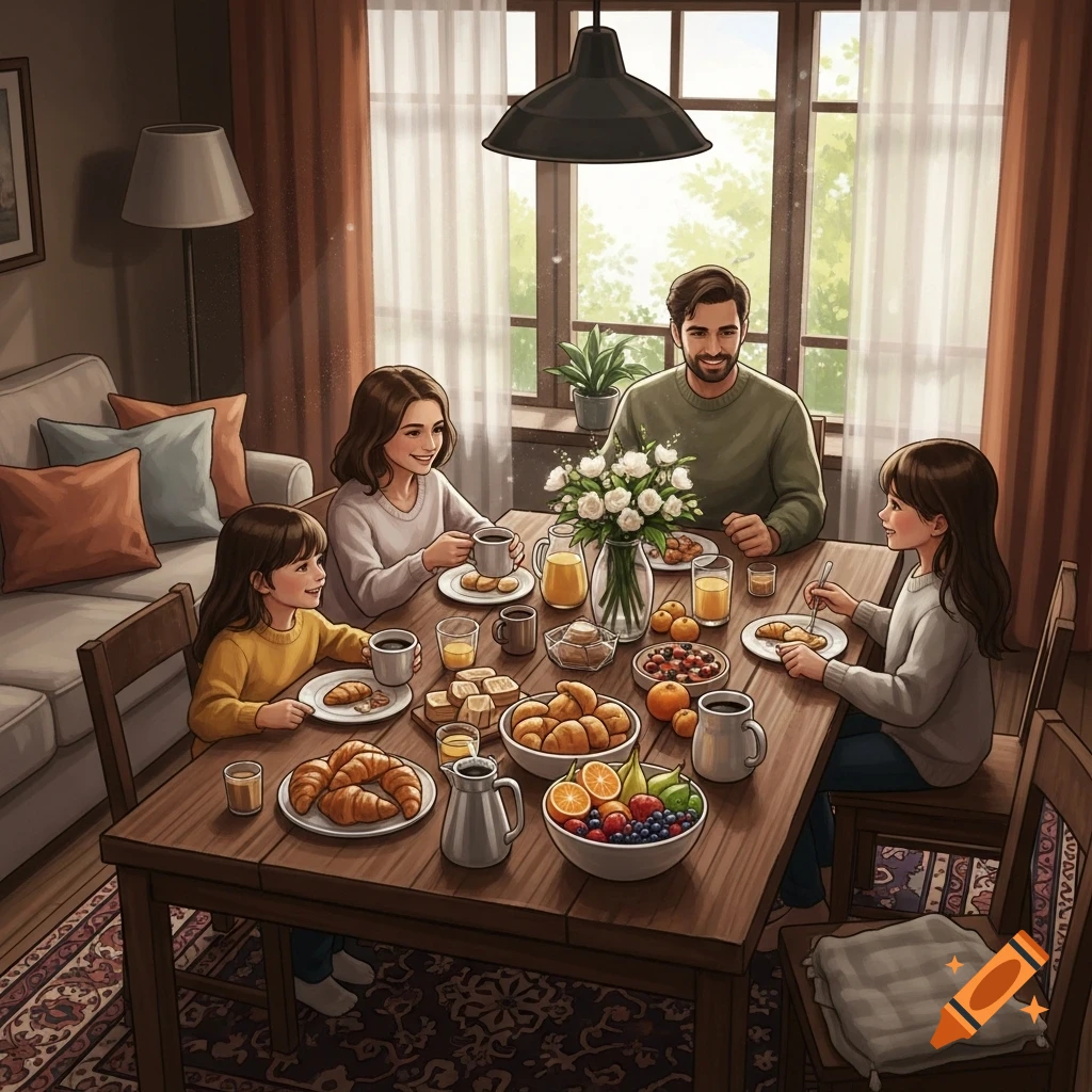 An illustration of a family of four enjoying breakfast together at a wooden table in a cozy home.