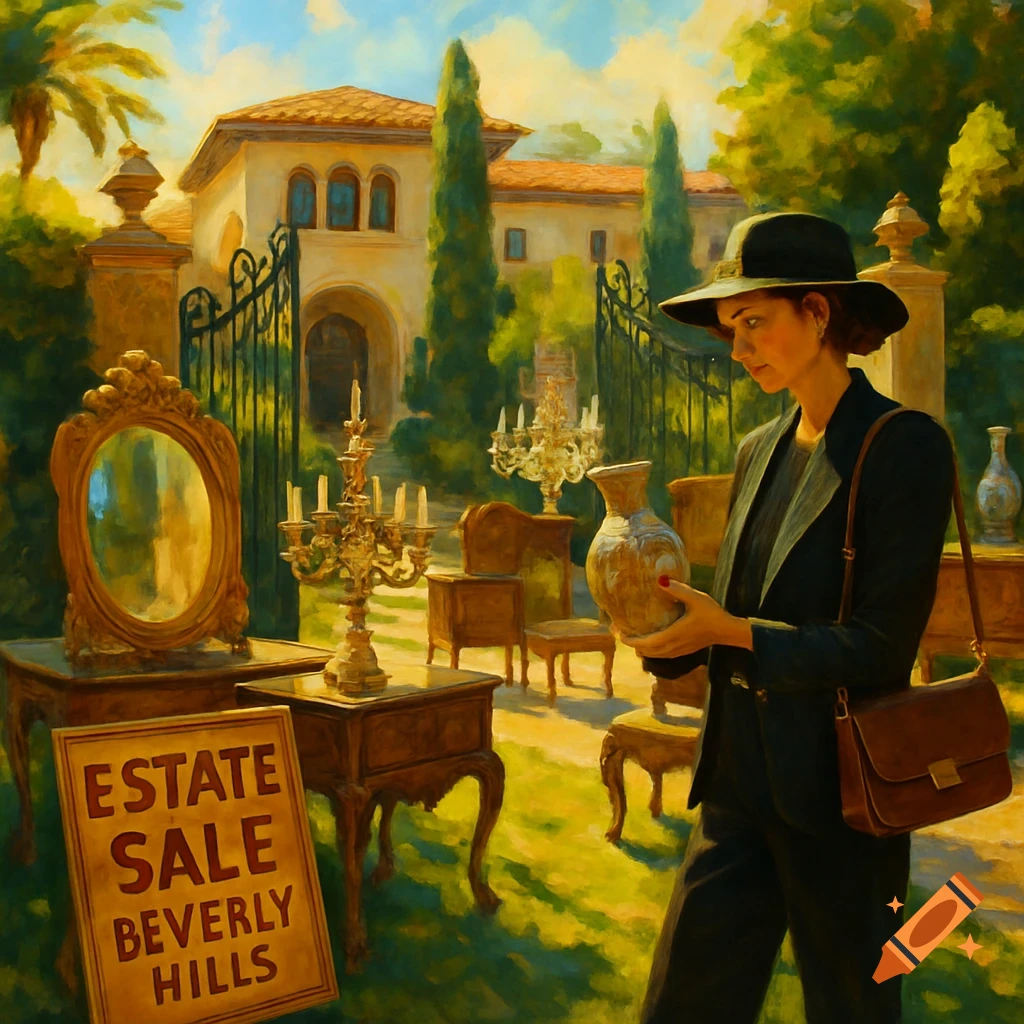A woman in a hat examines a vase at an outdoor estate sale in Beverly Hills, with antique furniture and a mansion, in a painterly style.