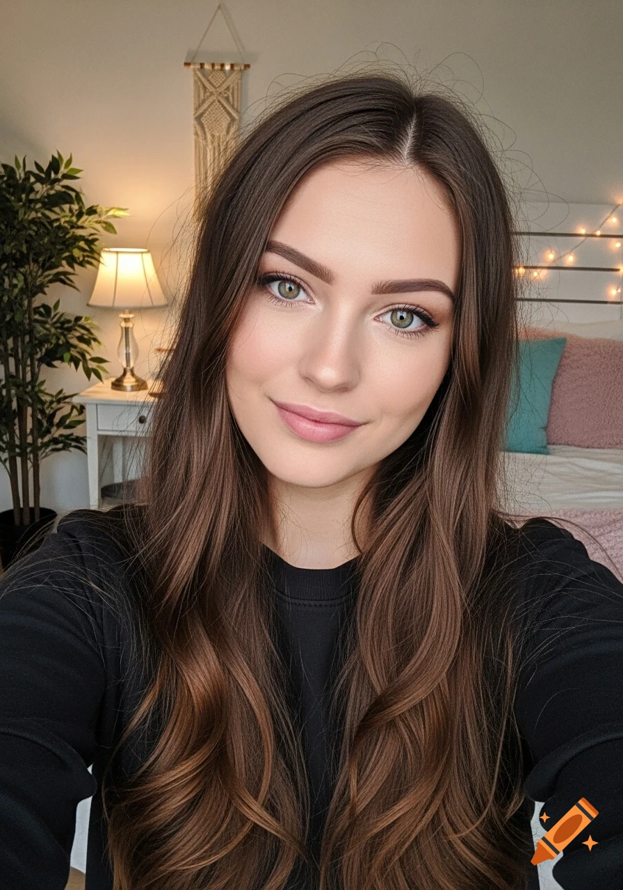 Close-up selfie of a young woman with long brown hair and green eyes, smiling slightly in a cozy bedroom.