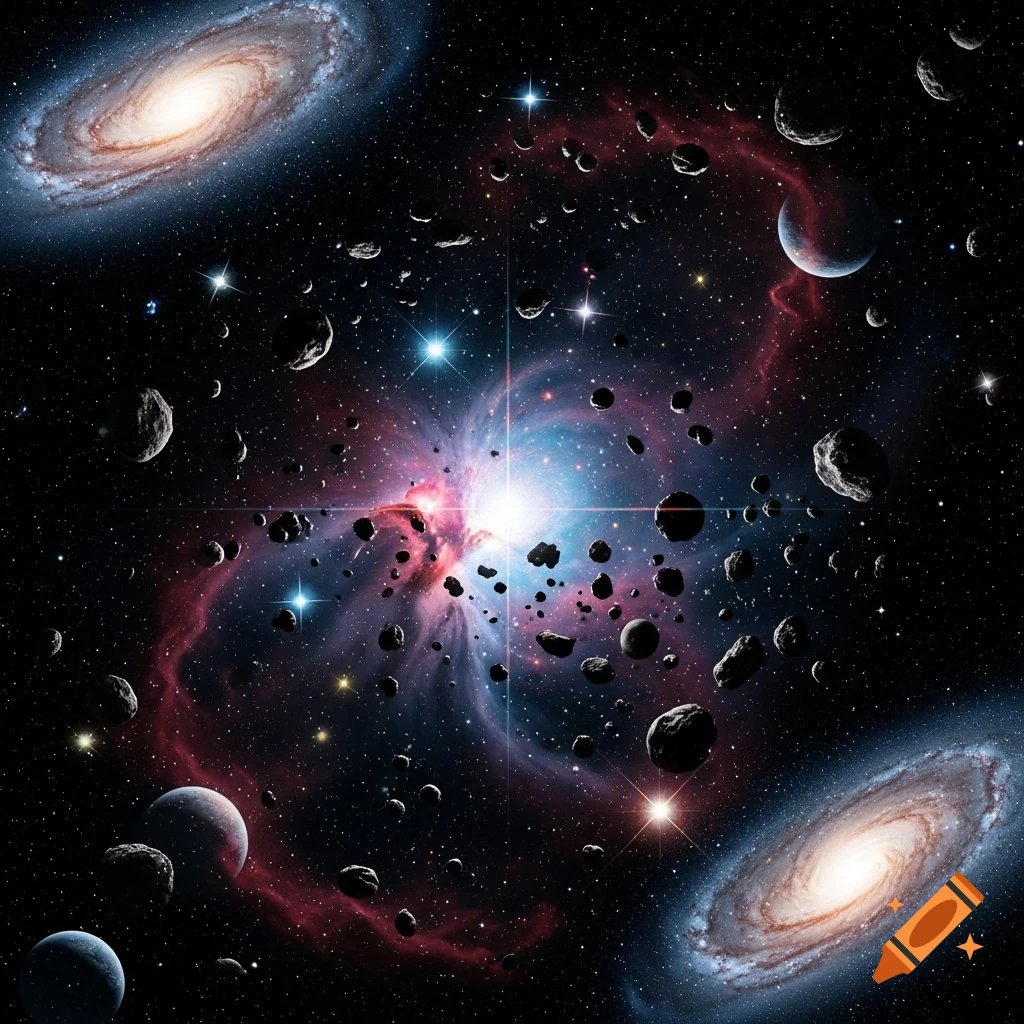A vibrant cosmic scene with two spiral galaxies, a central glowing nebula, and numerous asteroids scattered across a star-filled dark space.