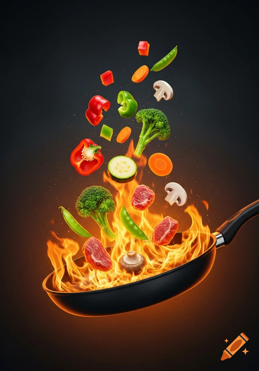Photorealistic image of colorful vegetables and meat chunks dynamically falling into a fiery black frying pan on a dark background.