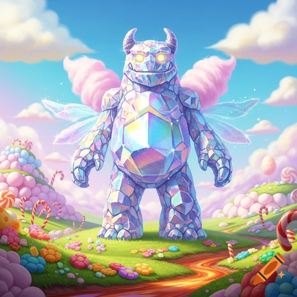 A large, sparkly crystal monster with pink cotton candy wings stands in a vibrant candy land with lollipops and sweets under a blue sky.