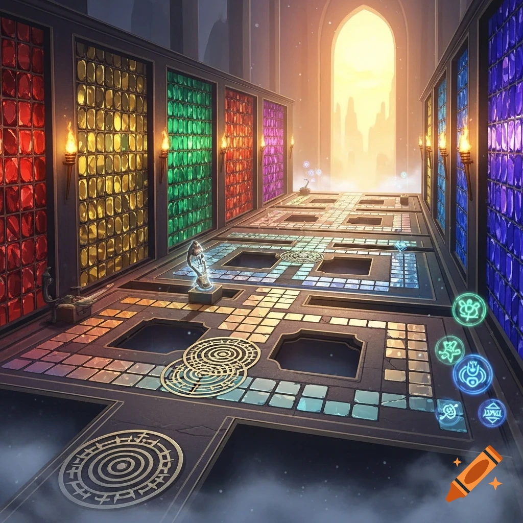 A vibrant fantasy labyrinth hallway with colorful stained glass panels and a game board path leading to a glowing archway.