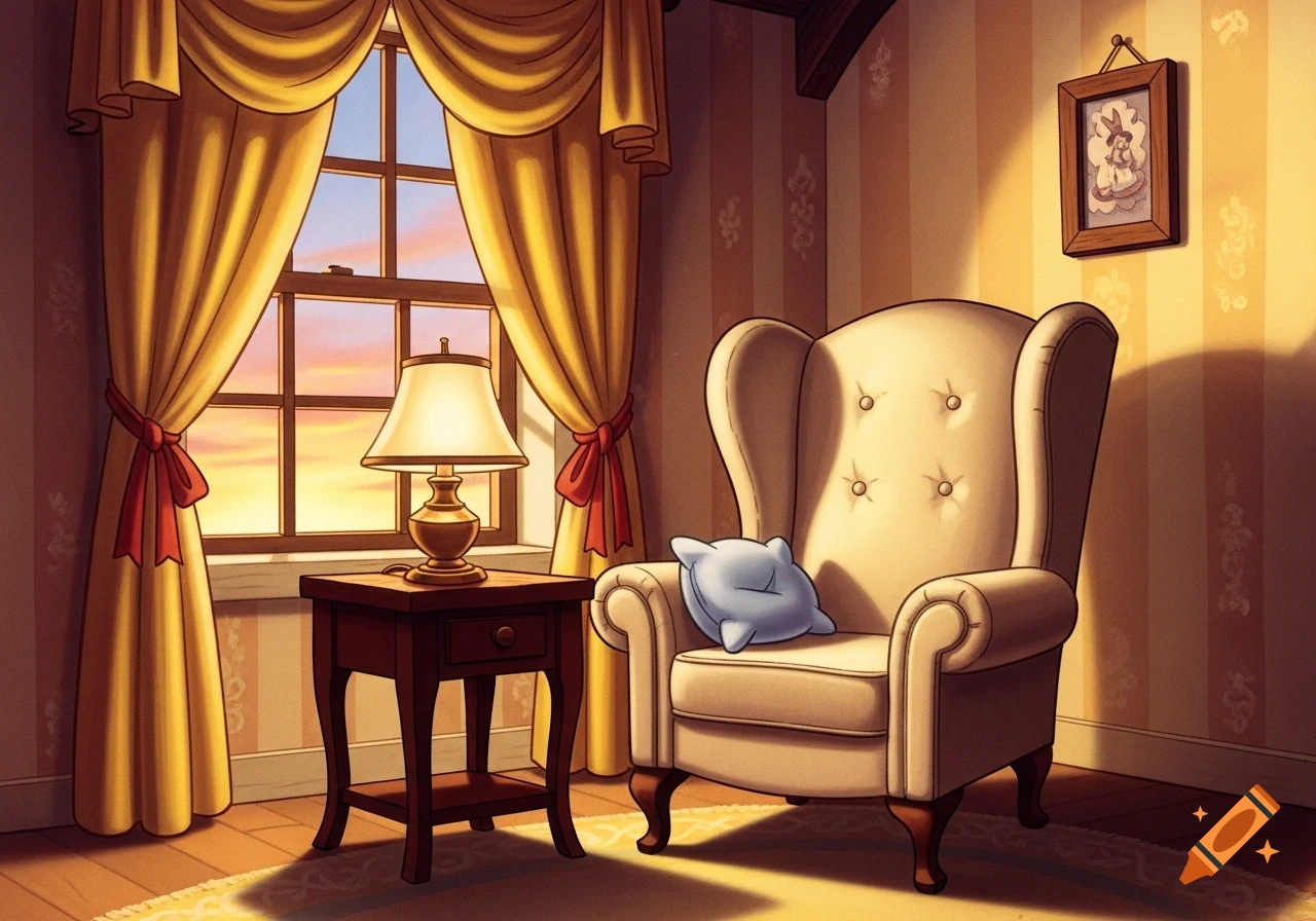 A cozy animation of an armchair by a window with a sunset view, a side table, and a lamp, in a warm, Disney-like style.