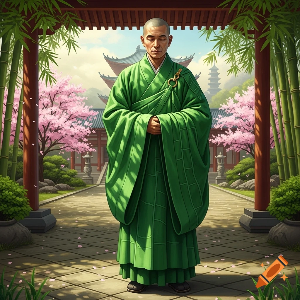 A serene Buddhist monk in green robes stands with eyes closed in a temple garden with cherry blossoms and bamboo.