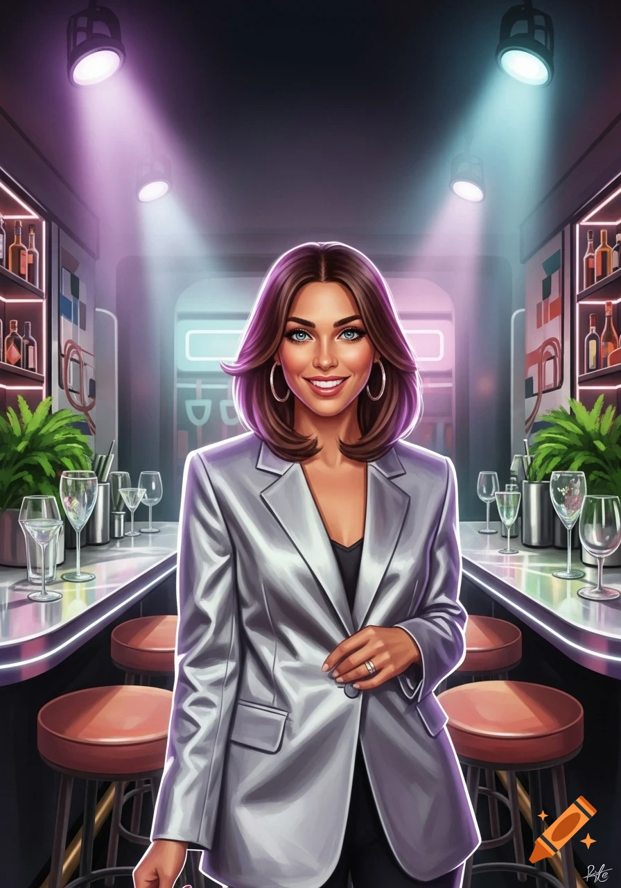 Stylized illustration of a smiling woman in a silver blazer standing in a modern bar with neon lights.