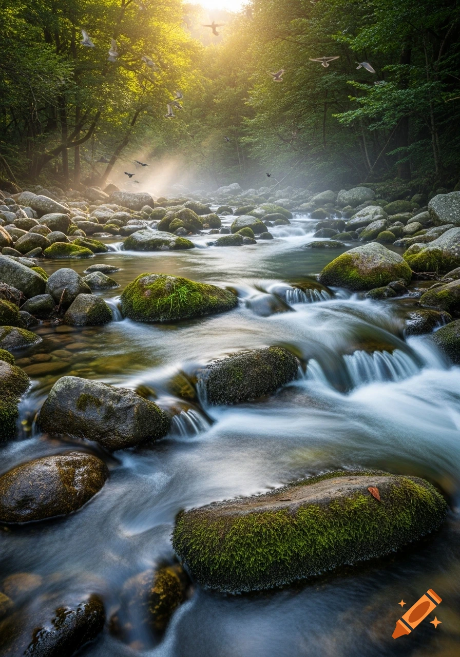 A tranquil photorealistic forest river scene with mossy rocks, flowing water, mist, and birds flying in a sunlit sky.