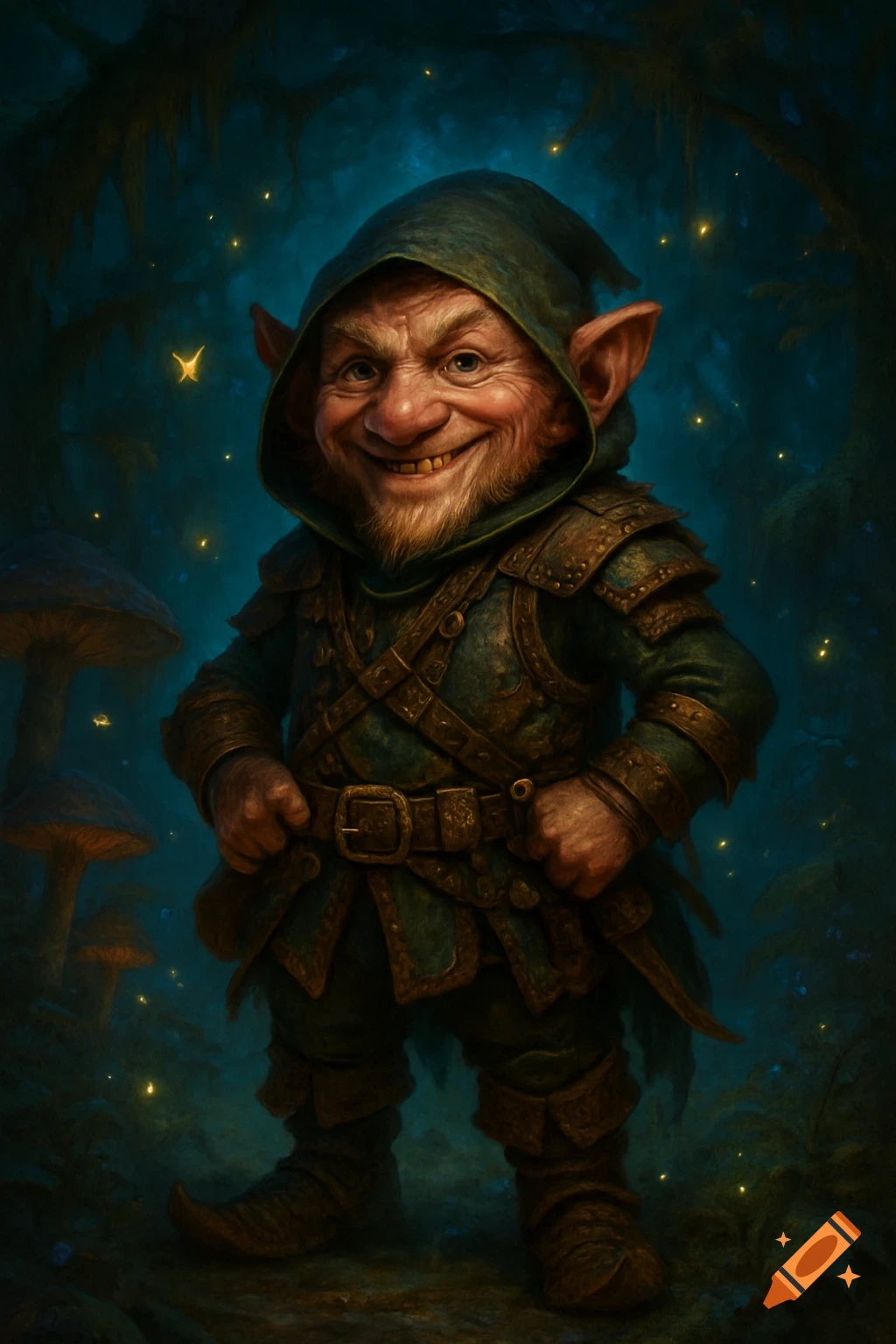 A smiling, bearded gnome-like character in a hooded cloak and detailed armor stands in a glowing, magical forest.