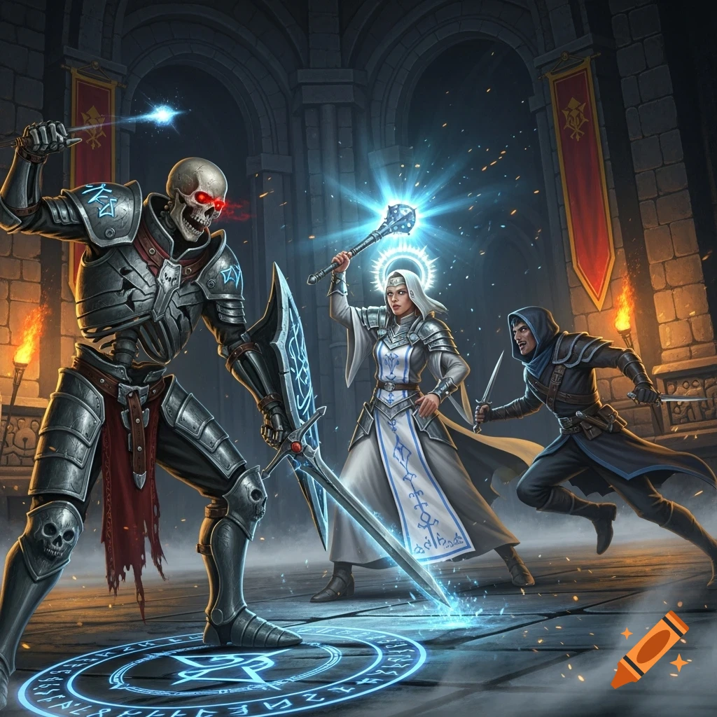 A skeletal champion in dark armor with glowing red eyes fights a cleric casting a spell with a glowing mace and a rogue with two daggers in a dark dungeon, surrounded by magical runes.