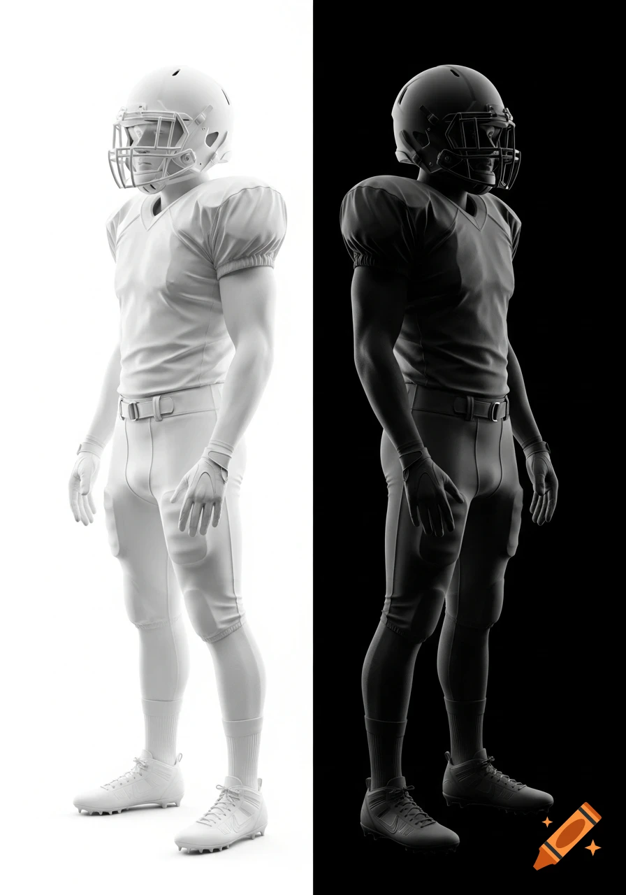 Two identical American football players in profile, one in a white uniform on a white background, the other in a black uniform on a black background.