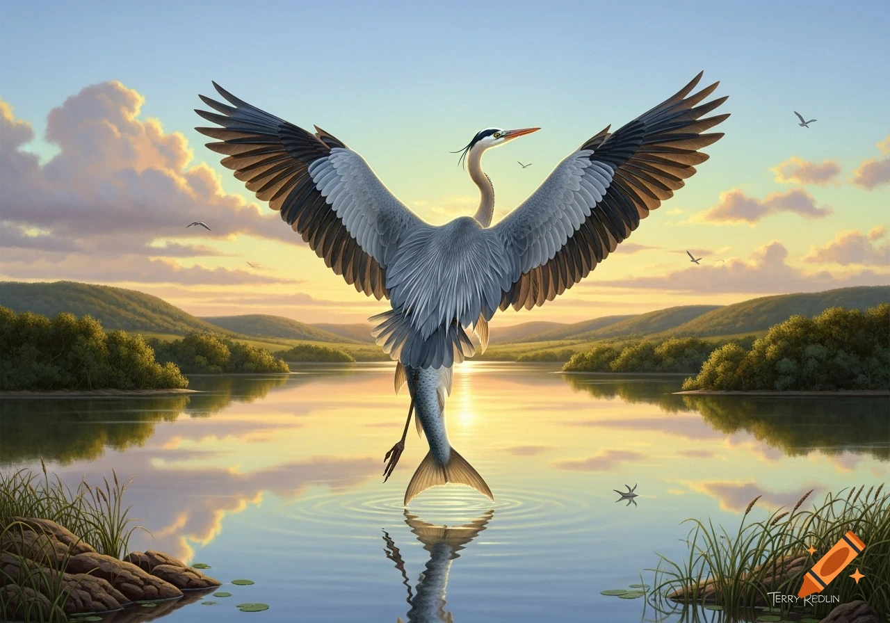A great blue heron-fish hybrid with outstretched wings stands in a serene lake at sunset, reflecting warm light on the water. Painted style.