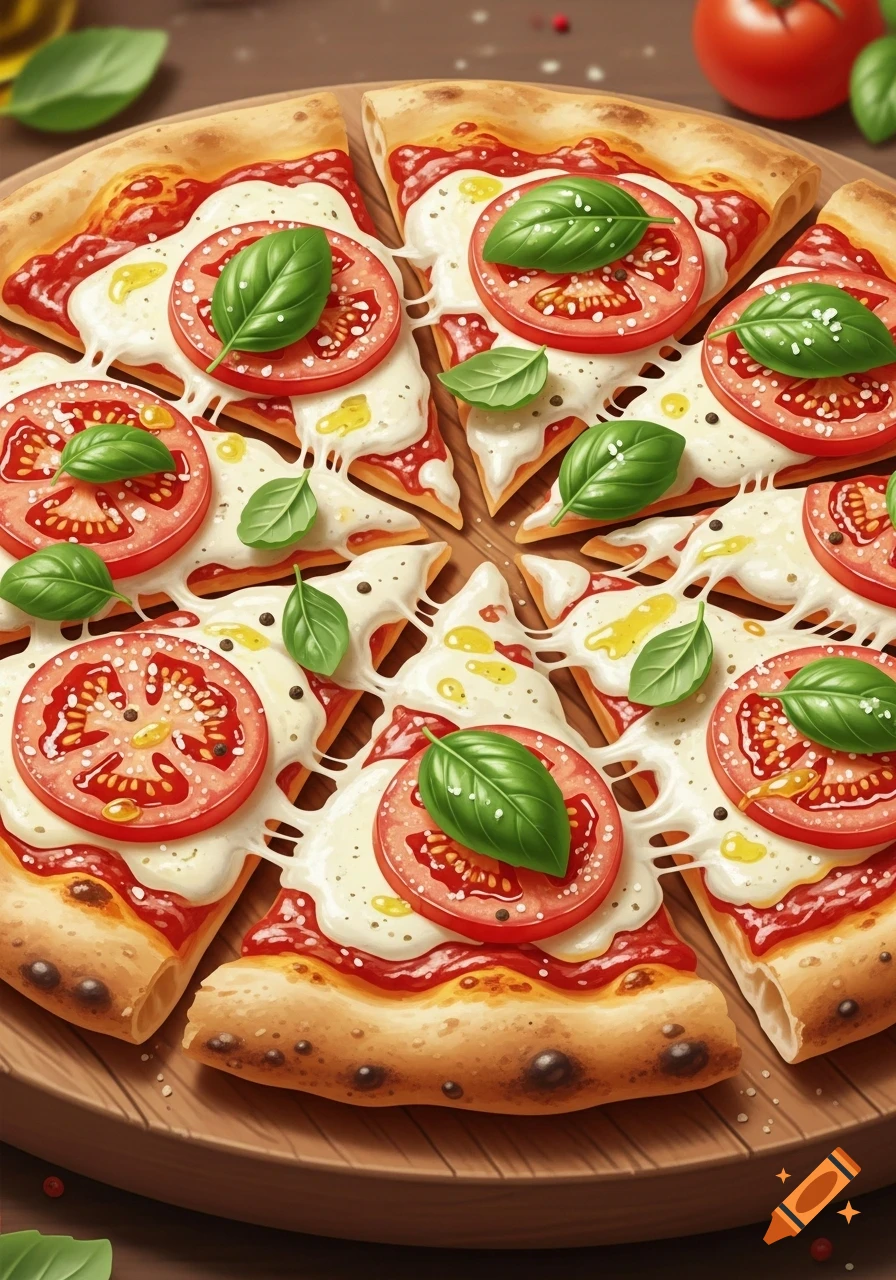 Close-up, top-down view of a sliced Margherita pizza with fresh tomatoes, mozzarella cheese, and basil leaves on a wooden serving board.