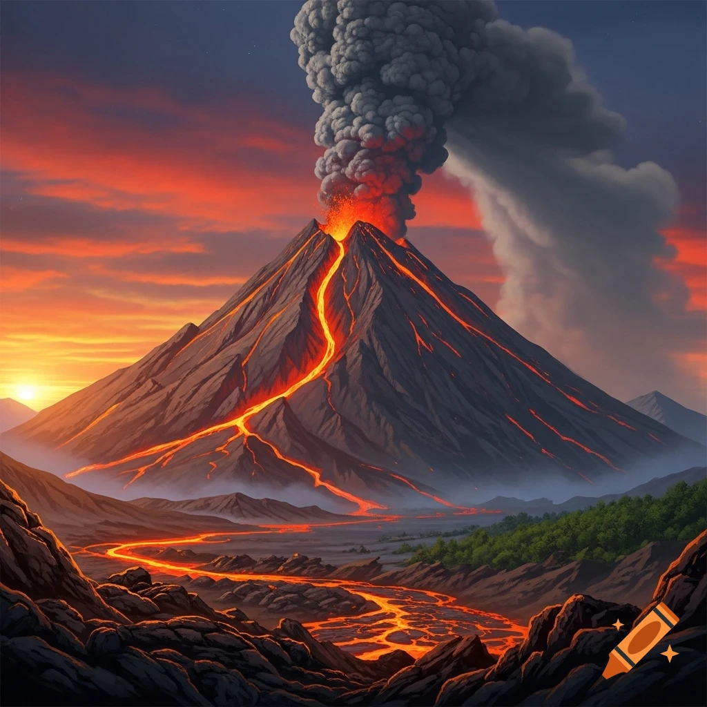 A vibrant illustration of a volcano erupting with glowing lava and smoke under a dramatic sunset sky.