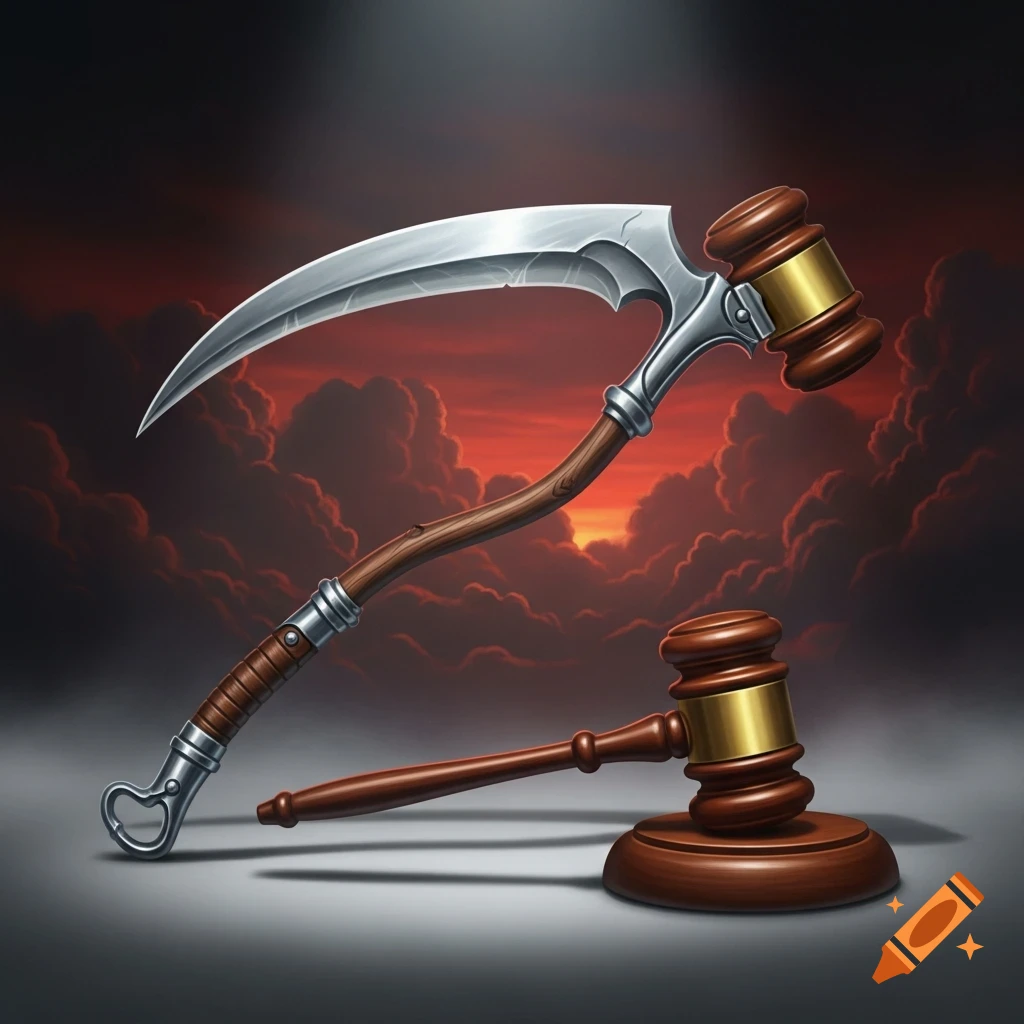 A stylized scythe-gavel tool with a silver blade and wooden handle, next to a separate wooden gavel, against a dark red cloudy sky background.