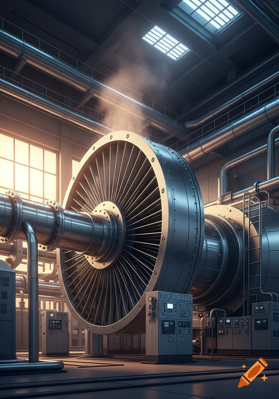 Photorealistic image of a large gas turbine engine inside a brightly lit industrial facility with pipes and control panels.