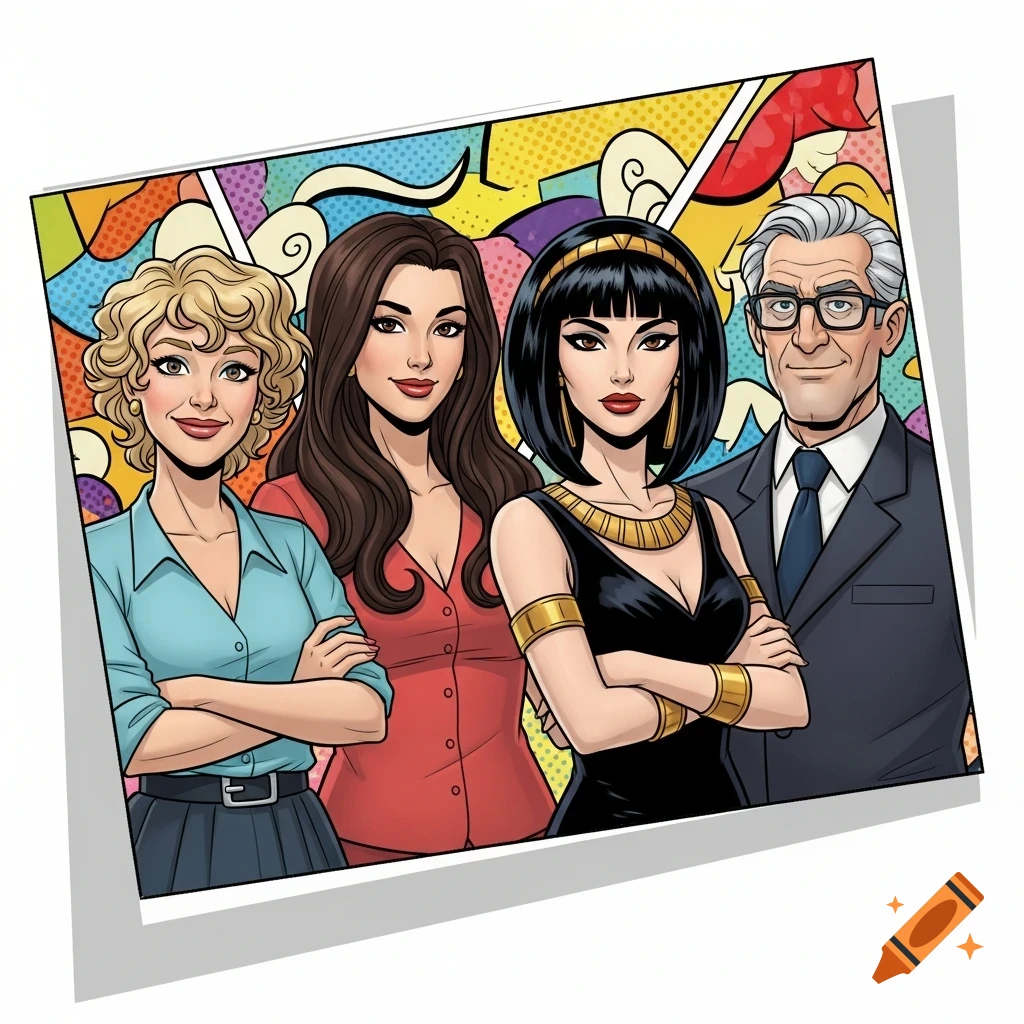 Comic book style portrait of four people: a blonde woman, a brunette woman, a Cleopatra-haired woman, and a grey-haired man with glasses.