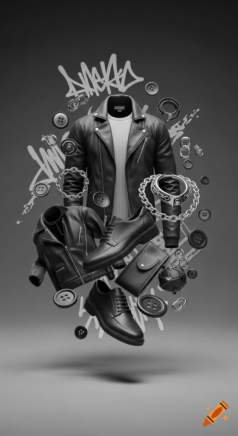A stylish, floating composition of black leather jackets, shoes, silver chains, and buttons on a dark gray background with subtle graffiti accents.
