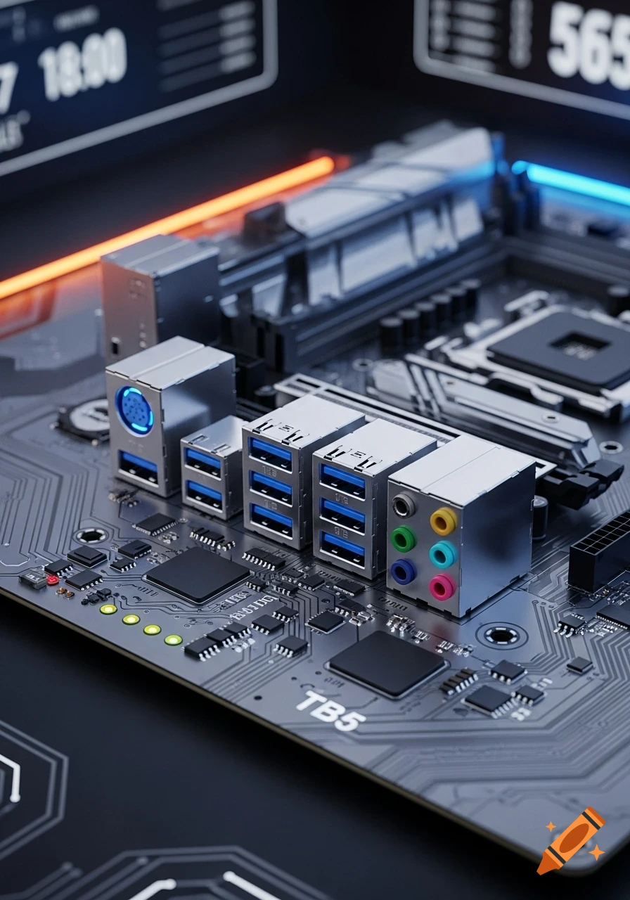 Close-up, photorealistic view of a computer motherboard with multiple USB ports, audio jacks, and various electronic components.