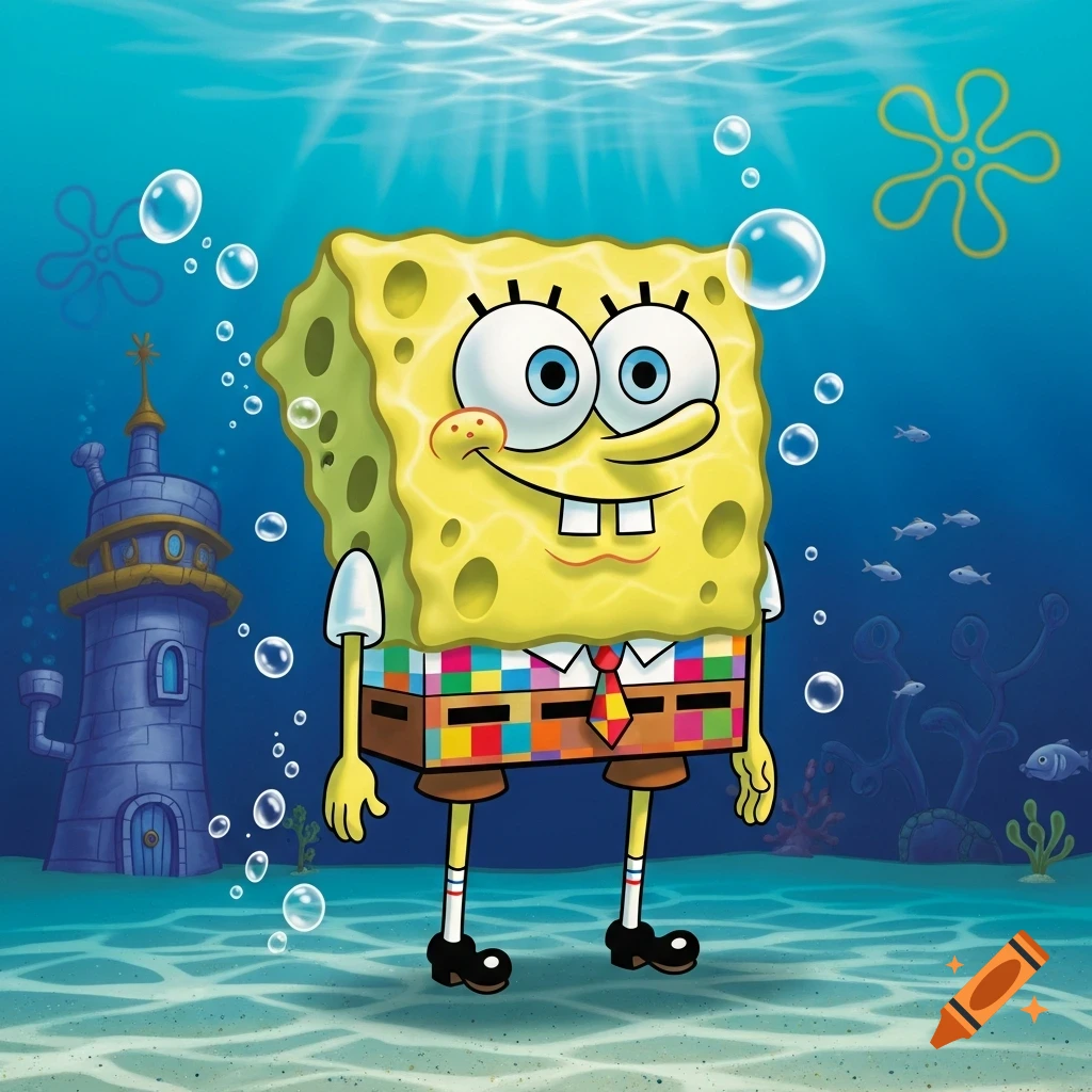 Spongebob Squarepants stands underwater, smiling, wearing a colorful patterned shirt, with a tower and fish in the background.