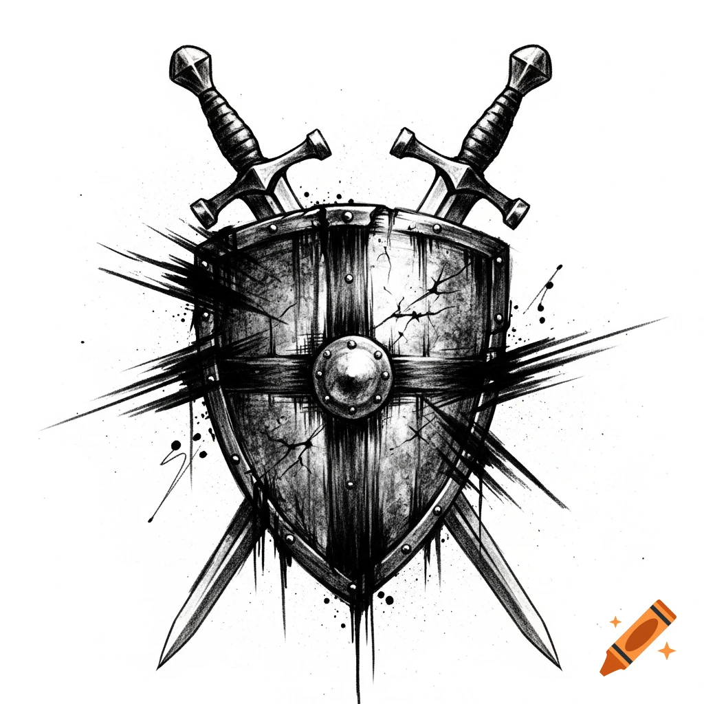 Sloppy charcoal drawing of a medieval knight's shield with two crossed swords behind it, featuring rough textures and dramatic black streaks.