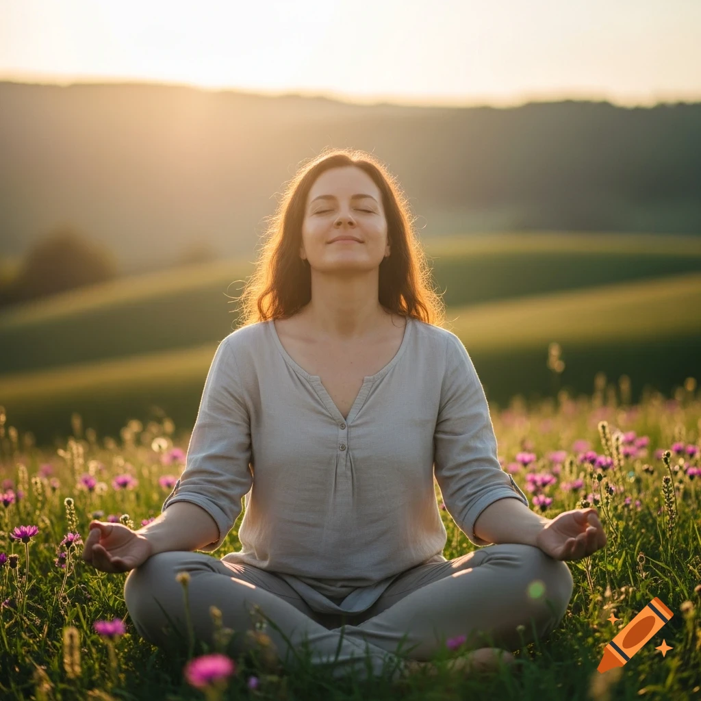 Woman meditating peacefully in a sunny field of purple wildflowers at sunset, eyes closed.