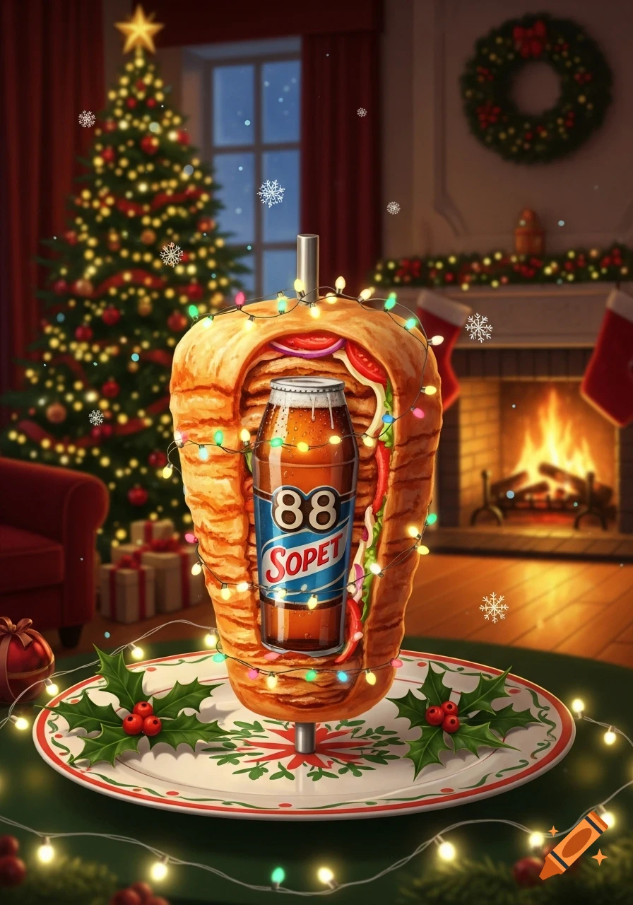 A festive Döner kebab, wrapped in Christmas lights and holding a beer bottle, sits on a holly-decorated plate in a cozy Christmas living room.