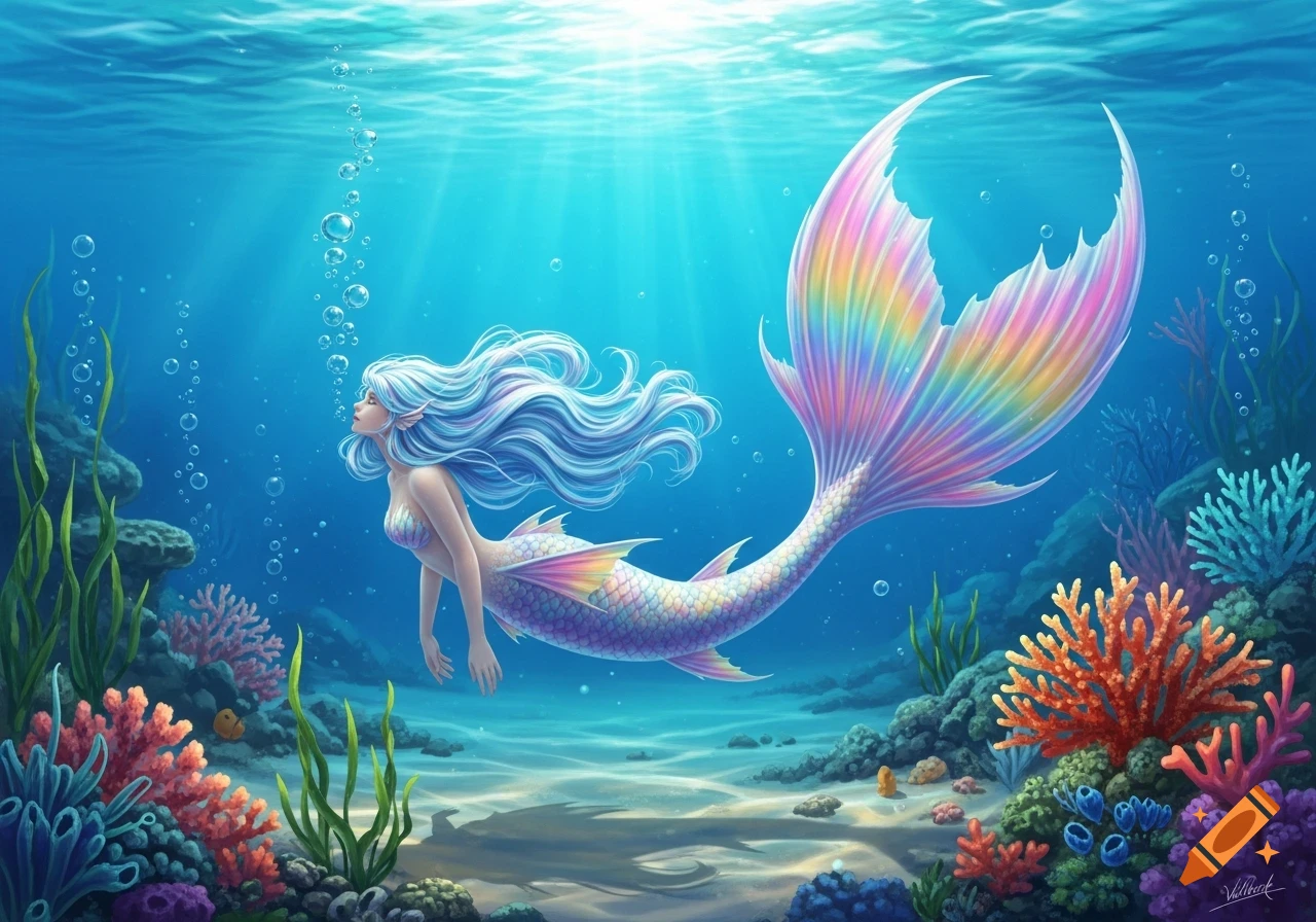 A mermaid with pastel blue hair and a rainbow tail swims through a colorful coral reef, with sunlight streaming from above.