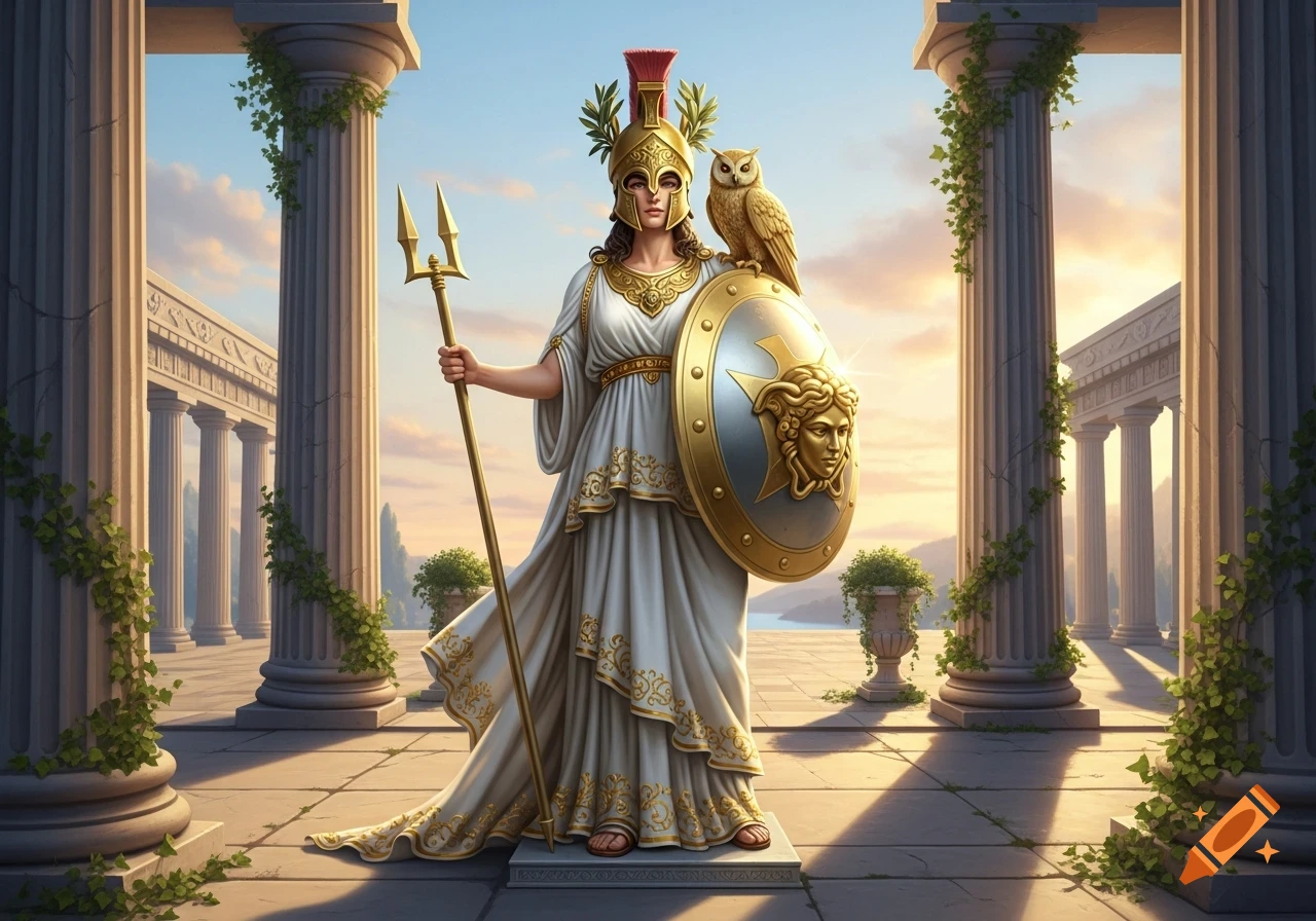 Goddess Athena stands in classical temple ruins with an owl on her shoulder, holding a trident and shield.