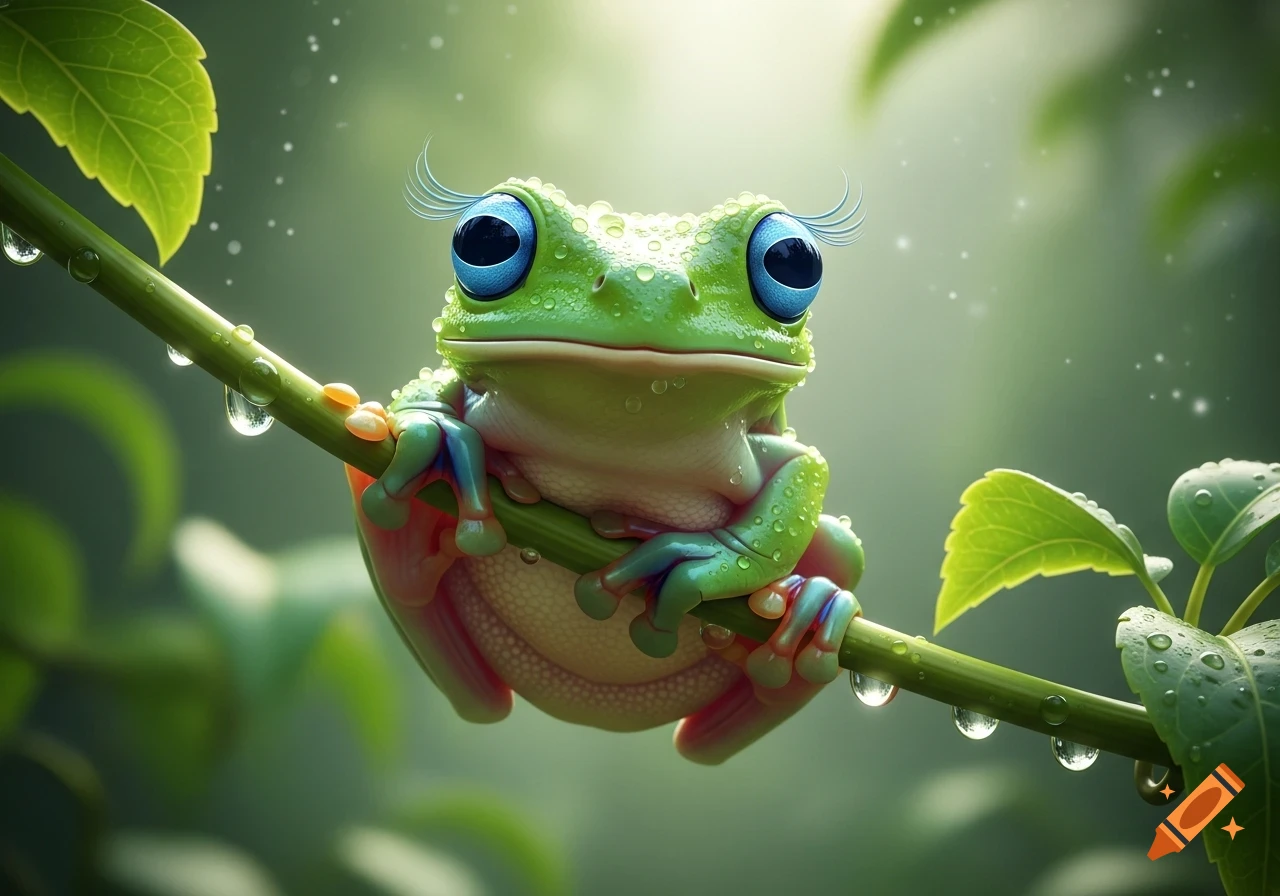 A bright green, cute dumpling tree frog with big blue eyes and long eyelashes, covered in dewdrops, sits on a wet green branch in a lush forest.