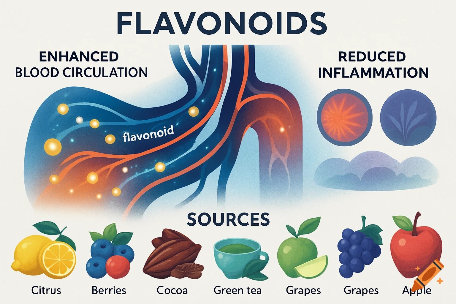 Scientific infographic on flavonoids, showing enhanced blood circulation, reduced inflammation, and sources like citrus, berries, cocoa, green tea, grapes, and apples.
